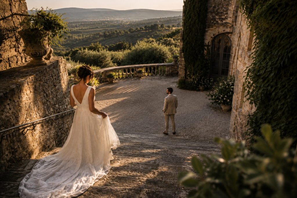 Mariée descendant un escalier en pierre face à un panorama de collines provençales, mariage en Provence